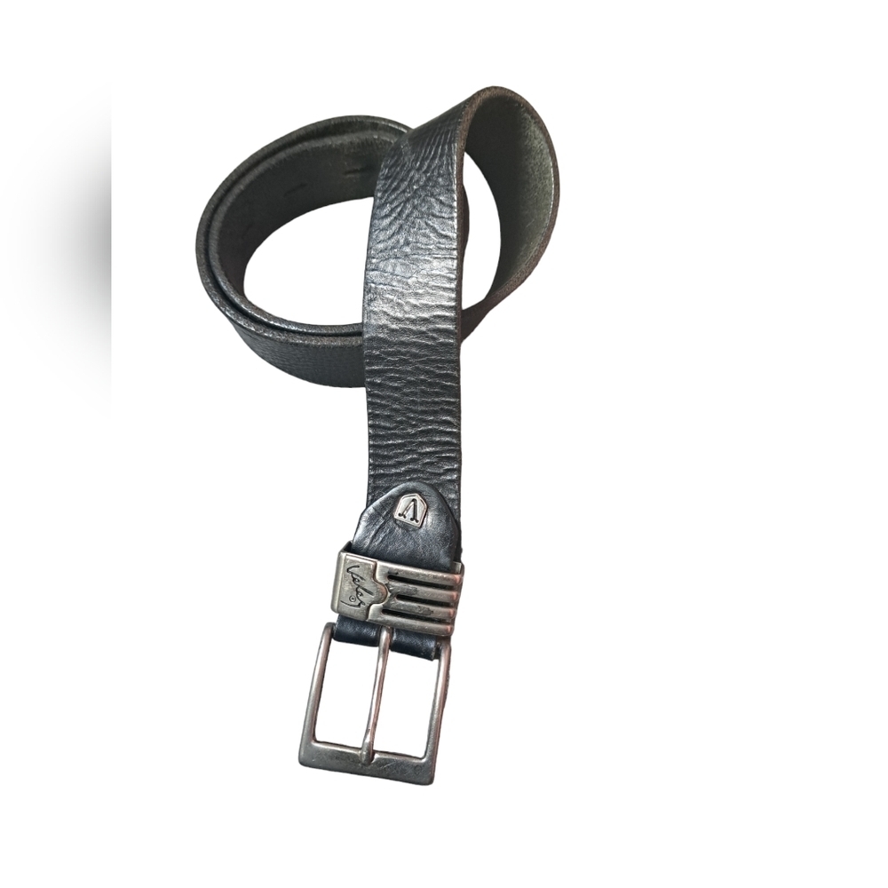 VTG VELEZ leather belt worn weathered rustic black heavy silver buckle unisex S